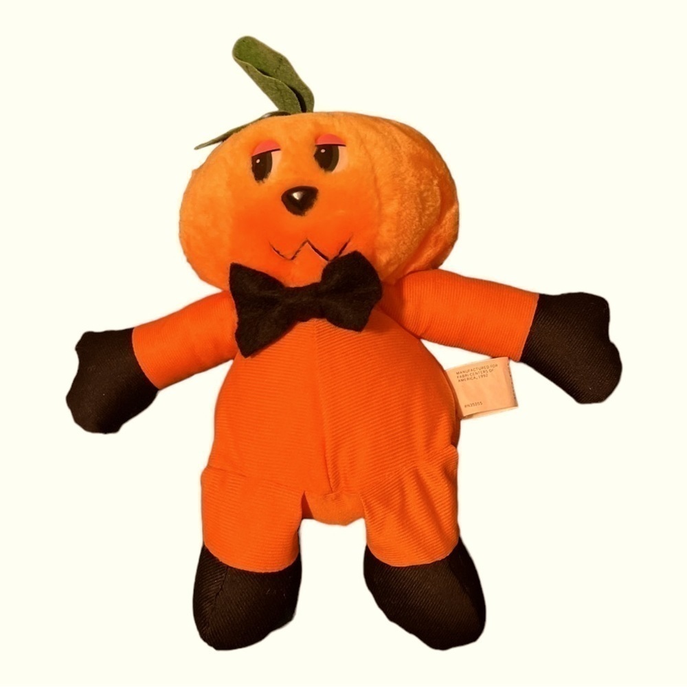 PUMPKIN head plush boy in bow tie ribbed orange suit black hands-feet green leaf